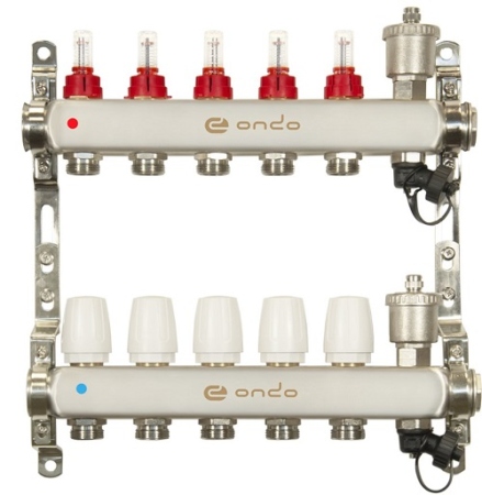 Уз.колл.гр. нерж сталь 5 вых. в сборе c автоматическим воздухоотводчиком, расходомерами и термостатическими клапанами ONDO (OKGSET05A)