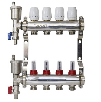 Коллектор ZOTA 4 выхода нерж. в сборе (расходомер, воздухоотводчик, сливной кран)