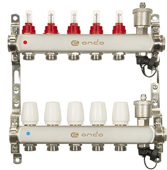 Уз.колл.гр. нерж сталь 5 вых. в сборе c автоматическим воздухоотводчиком, расходомерами и термостатическими клапанами ONDO (OKGSET05A)