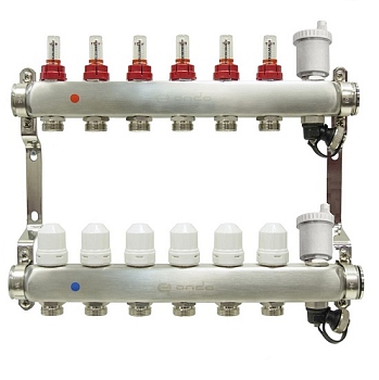 Уз.колл.гр. нерж сталь 6 вых. в сборе c автоматическим воздухоотводчиком, расходомерами и термостатическими клапанами ONDO (OKGSET06A)