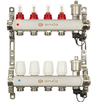 Уз.колл.гр. нерж сталь 4 вых. в сборе c автоматическим воздухоотводчиком, расходомерами и термостатическими клапанами ONDO (OKGSET04A)