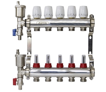 Коллектор ZOTA 5 выходов нерж. в сборе (расходомер, воздухоотводчик, сливной кран) (РА-00044838/GR4932008005)