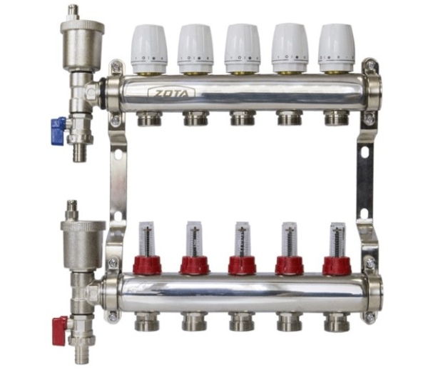 Коллектор ZOTA 5 выходов нерж. в сборе (расходомер, воздухоотводчик, сливной кран) (РА-00044838/GR4932008005)